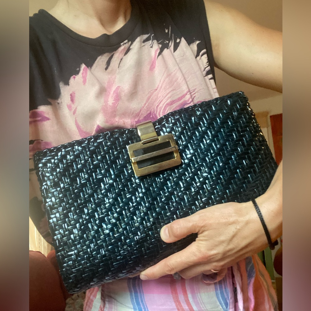 Vintage 70s 80s RODO Italy Woven navy Black Clutch Bag with Gold-Tone Clasp